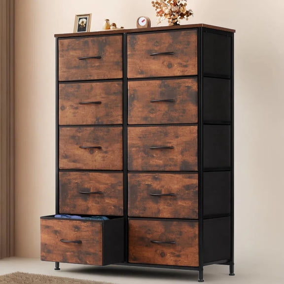 CONCETTA Dresser for Bedroom with 10 Drawers, Tall Chest Organizer with Fabric Bins, Freestanding Storage Cabinet, Rustic Brown