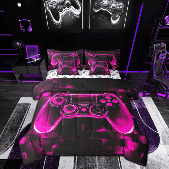 Manfei Gamepad Bedding Sets Twin Size for Teens, Square Geometric Bed in a Bag Twin size, Game Console Reversible Comforter Sets with Sheets, Breathable Room Decoration, 7pcs
