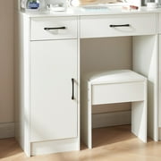 Caulitar Vanity Table Set with LED Lighted Mirror Makeup Vanity Desk with Stool & 3 Drawers & 2 Cabinets, White