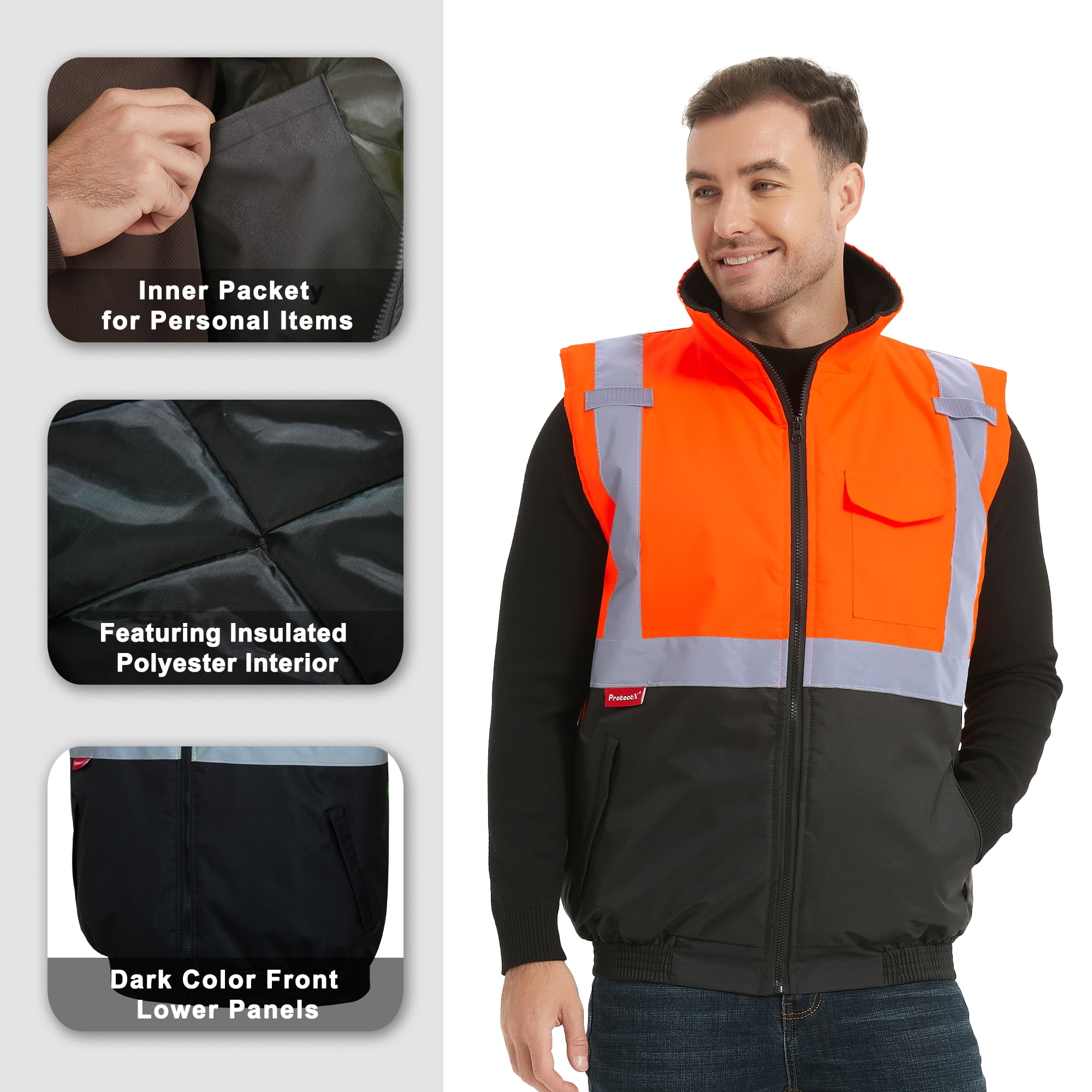 ProtectX Safety Winter Vest for Women Men, High Visibility Reflective Vest, Insulated Construction Workwear, Wind Resistant,Waterproof, Orange, X Large