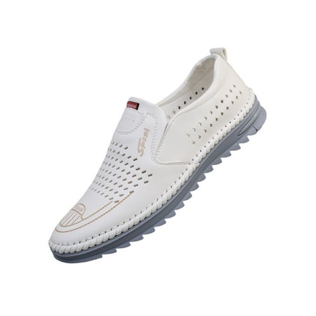 

Welliumy Men Loafers Comfort Flats Slip On Casual Shoes Business Dress Shoe Office Hand Stitching Classic White-Hollow out 8.5