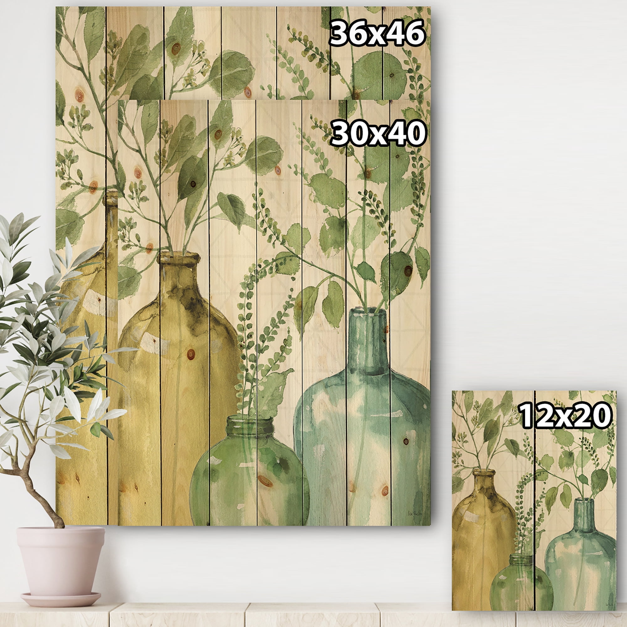 Designart 'Botanical Mixed Green Leaves IX' Cottage Print on Natural Pine Wood