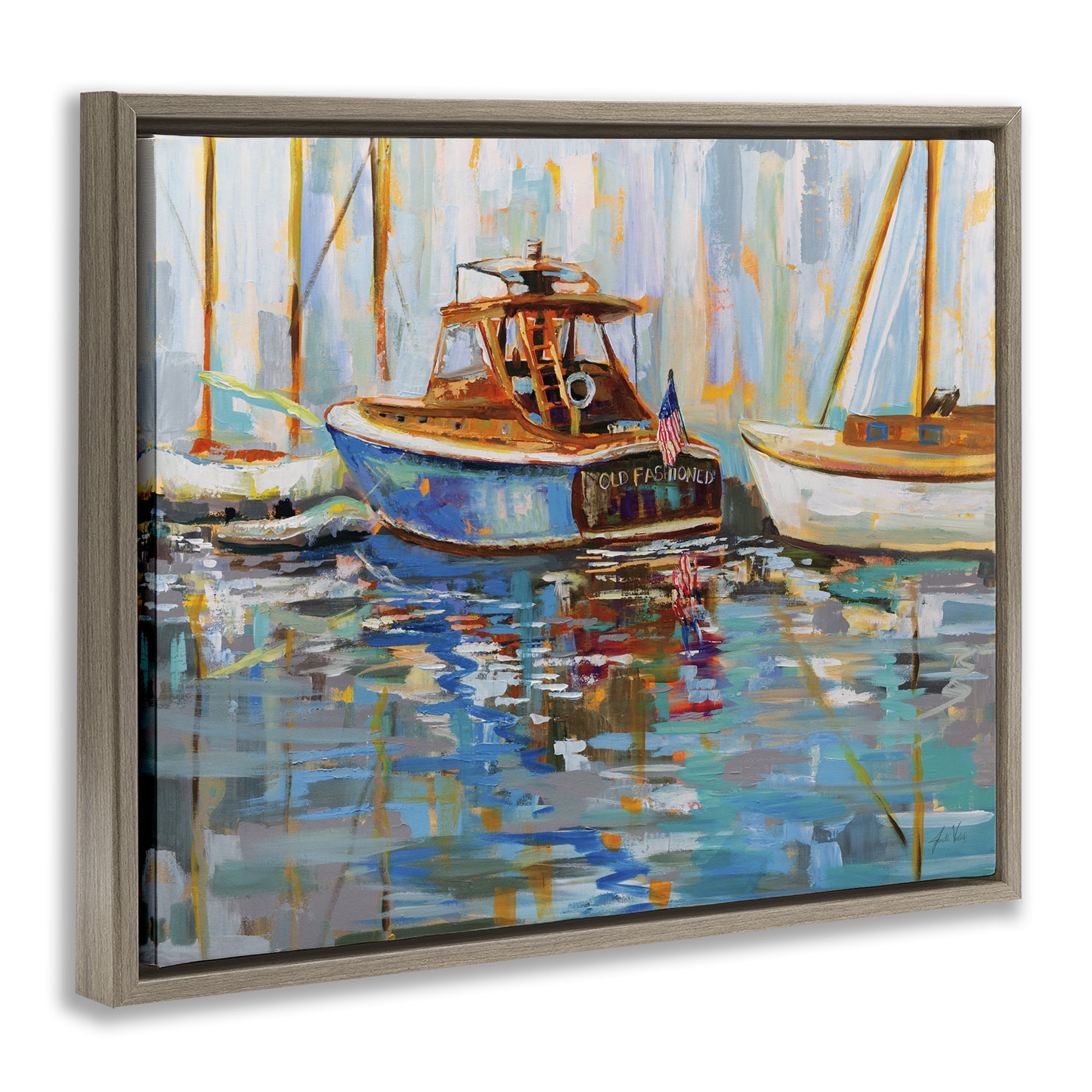 Stupell Industries Old Fashioned Boat Harbor Nautical & Beach Painting Brown Floater Framed Canvas Art Print Wall Art, 31 x 25