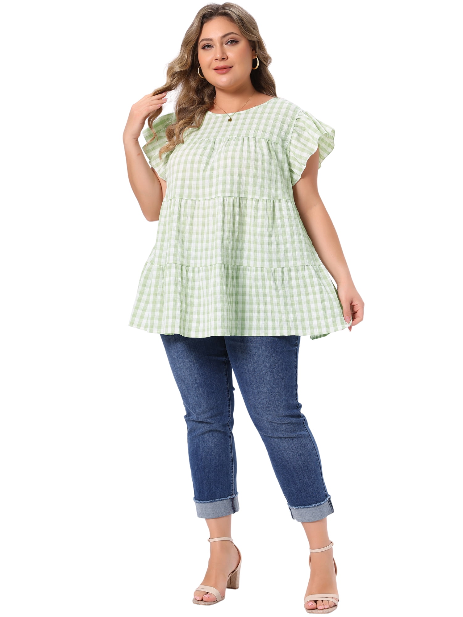 DARING DIVA Women's Plus Women's Gingham Top 1950s Crew Neck Flare  Blouse 3X Green