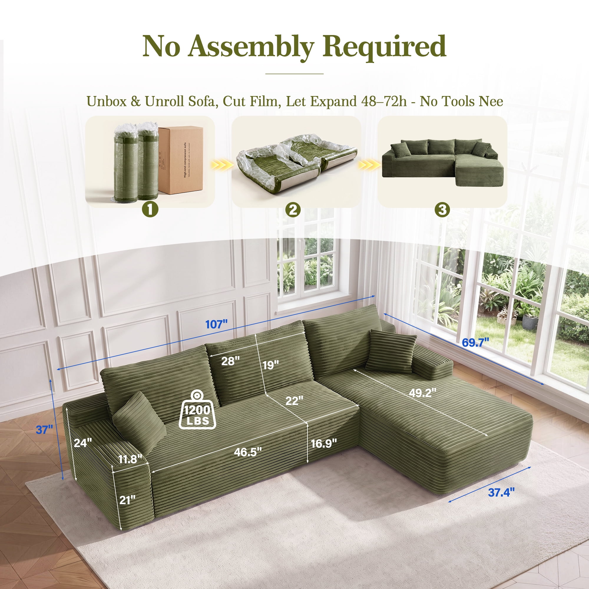 Aukfa 107" Boneless Modular Sectional Sofa, L-Shaped Corduroy Couch with Deep Seat and Right-Facing Chaise for Living Room, Green