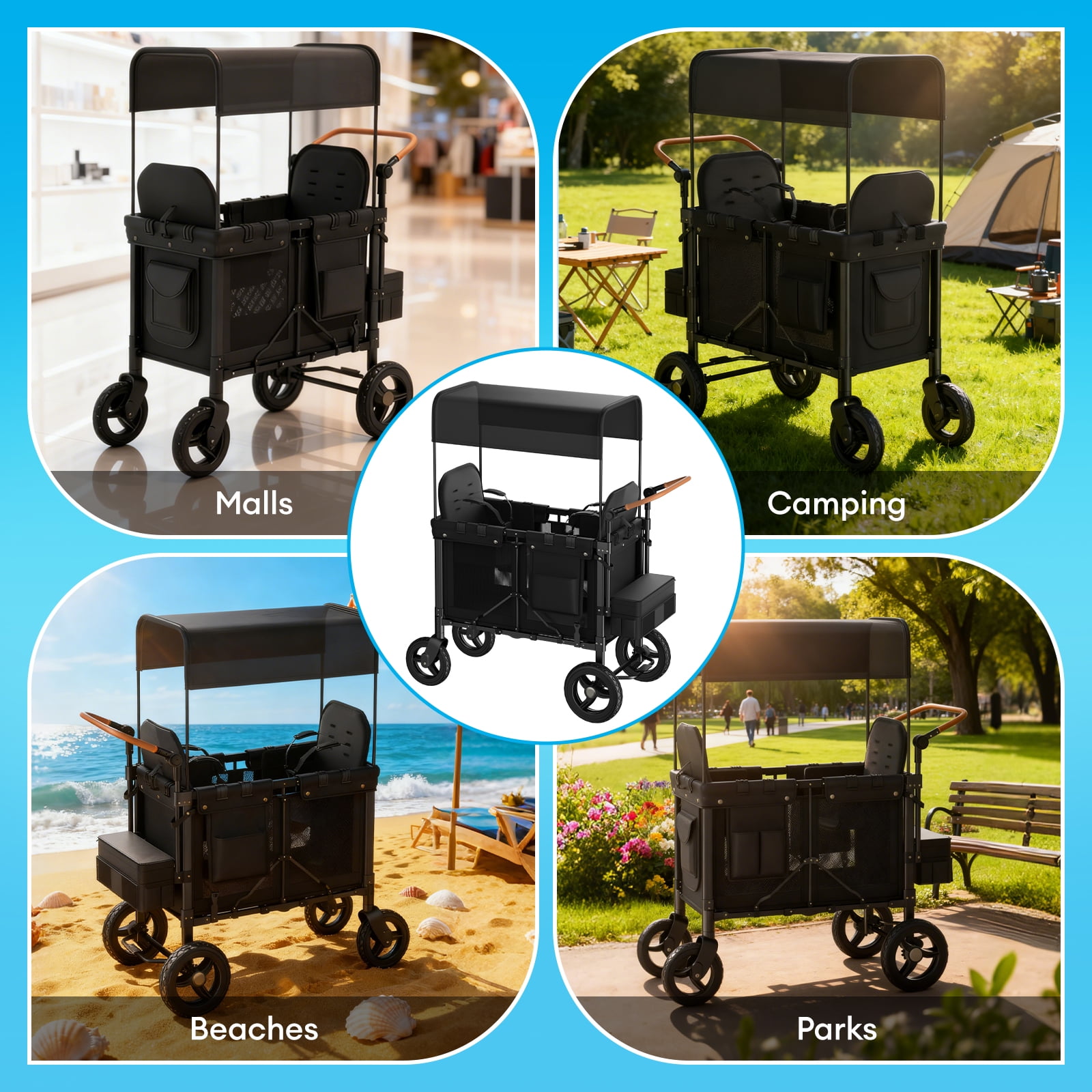 TABU Stroller Wagon for 2 Kids,2 Seater Stroller Wagon with Adjustable Handles,5-Point Harnesses,Black
