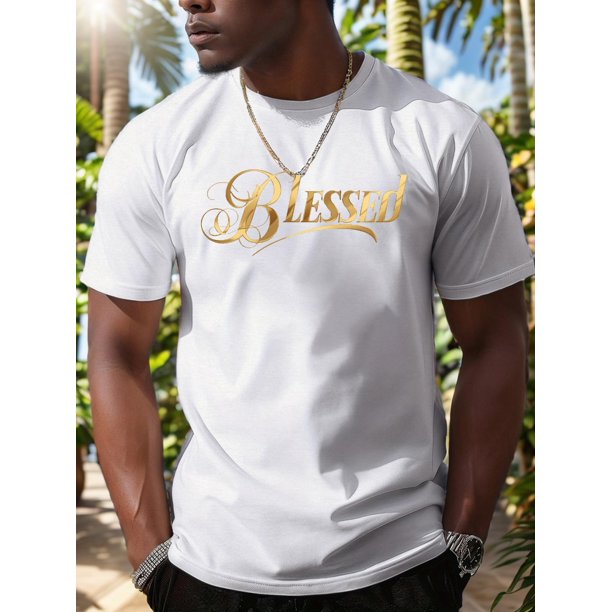 Blessing Gold Font Printed T-shirt, Men's Casual Short Sleeve Summer T-shirt