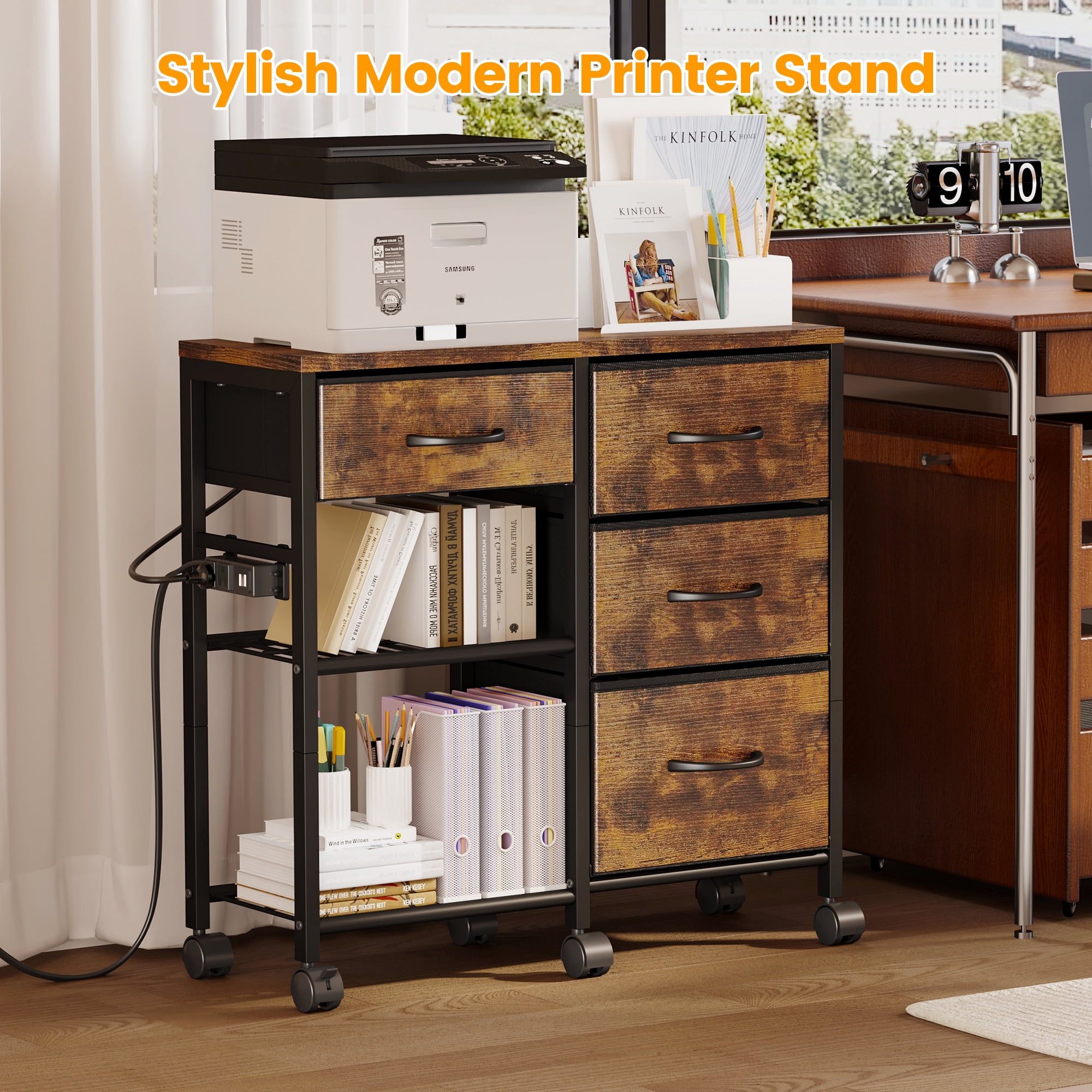 4 Drawer File Cabinet with Charging Station, Rolling Printer Stand Table with Open Storage Shelf, Mobile Fabric Filing Cabinet for Home Office, Rustic Brown