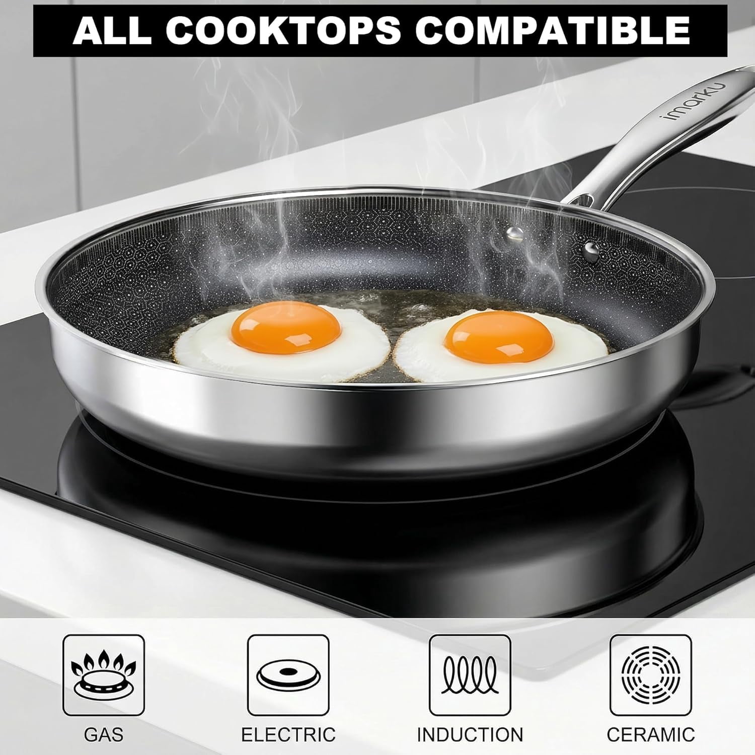 12 Inch Non Stick Frying Pan with Lid, Stainless Steel Deep Skillet with Ceramic Coating for Family Meals Induction Cookware Oven Dishwasher Safe PFOA