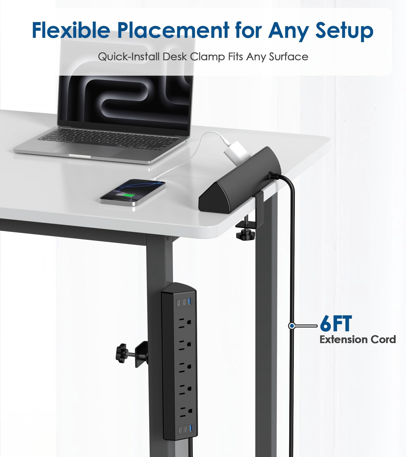 VILONG Desk Clamp Power Strip USB C, 40W Total Fast Charging Station, 5 Outlets 6USB, 1200J Surge Protector, 6Ft Cord, Fit 1.6" Edge, Black, ETL Listed