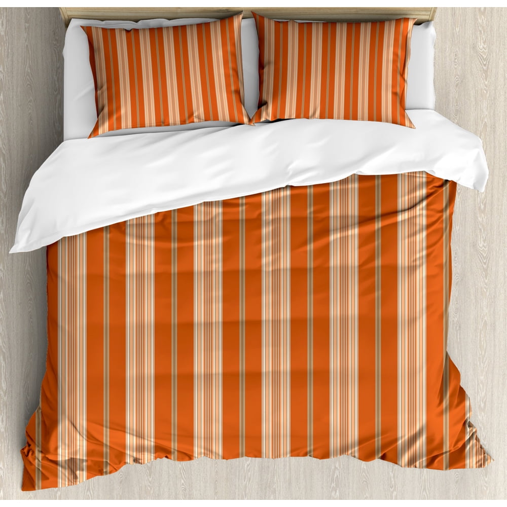Burnt Orange Duvet Cover Set King Size, Retro Themed Illustration of