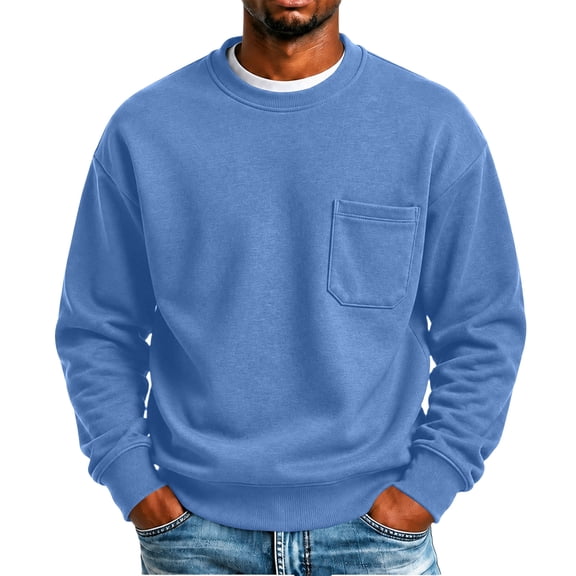 Men's Crewneck Sweatshirt Solid Color Pullover Top with Chest Pocket Relaxed Fit Casual Fall Sweatshirts