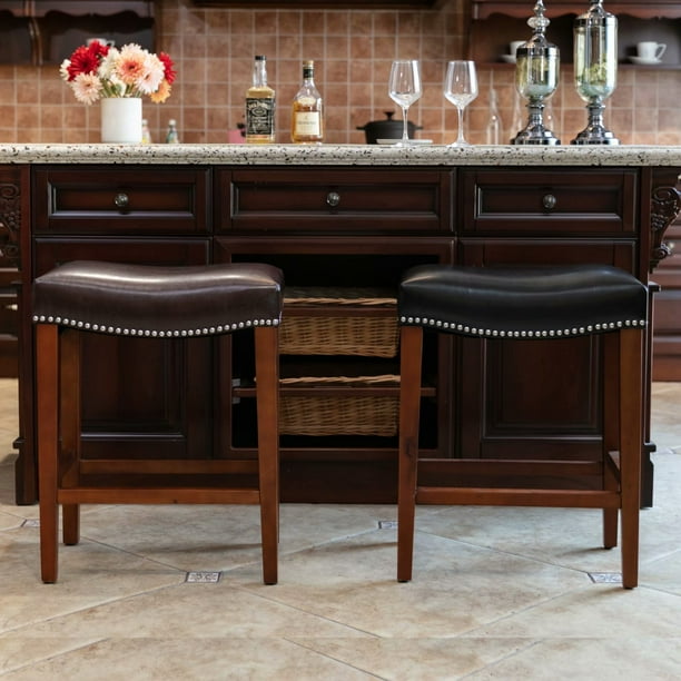 Backless Bar Stools Set of 2, Leather Saddle Seat Barstools, Vintage