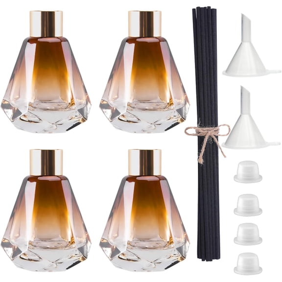 4PCS Empty Reed Diffuser Bottles,60ML/2.1Oz Glass Refillable Fragrance Set Diamond Shape with 20pcs Reeds Sticks & Gold Caps & Rubber Plug & Funnels for DIY Essential Oil