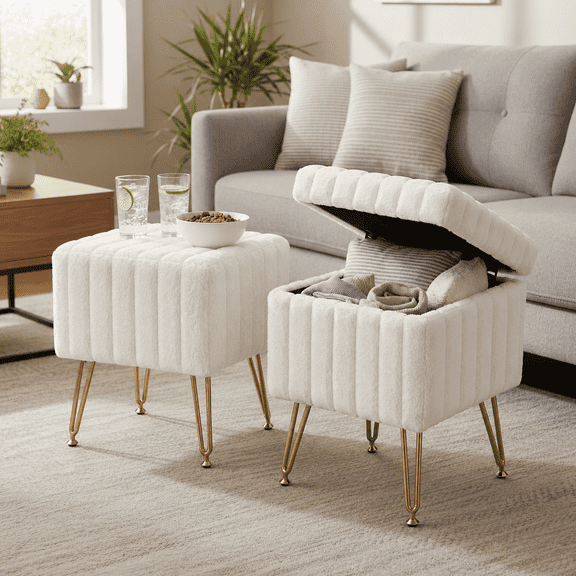 LIFERECORD Small Ottoman with Storage, Vanity Stool with Storage for Bedroom, Velvet Foot Stool for Living Room, White