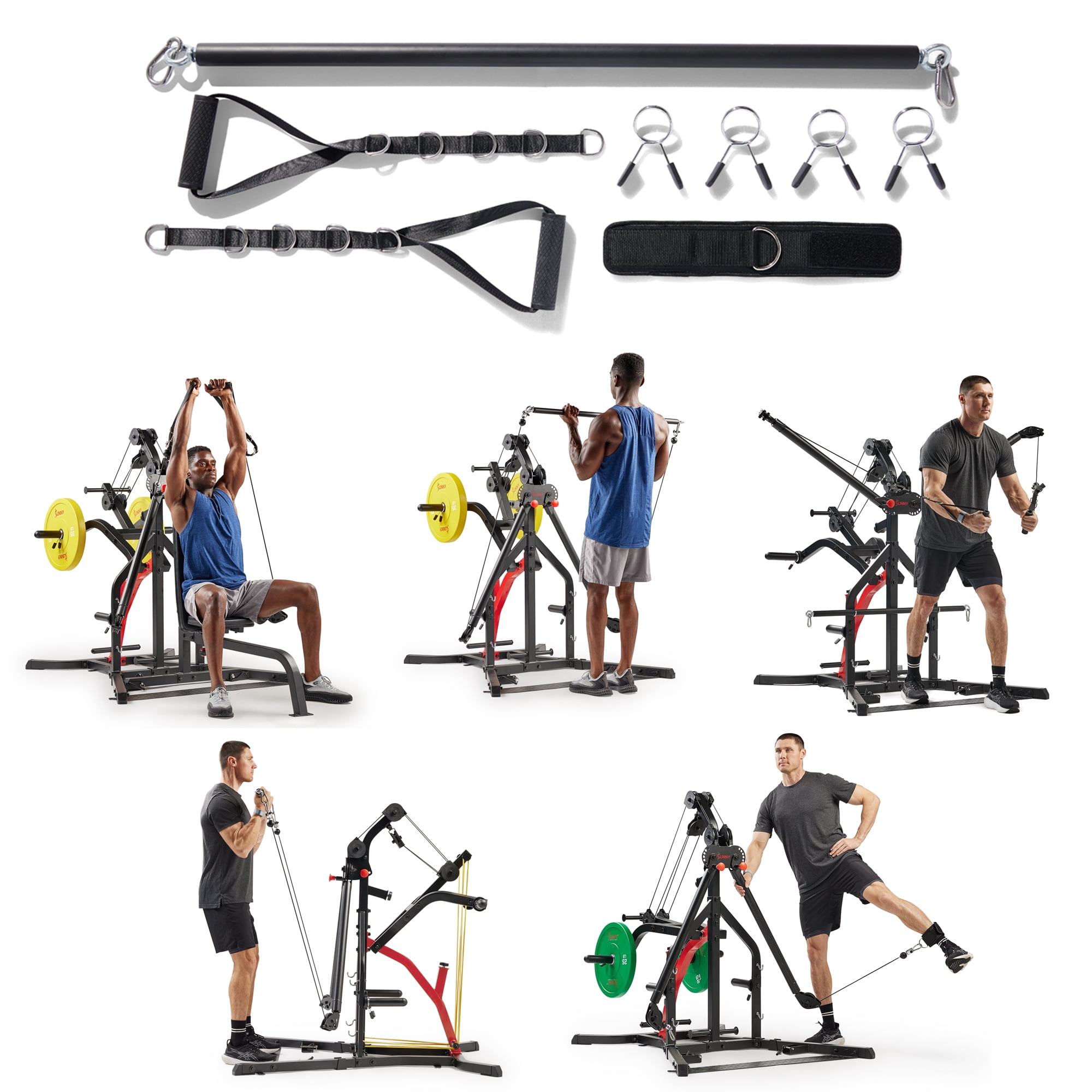 Sunny Health & Fitness Multifunctional Strength Training Cable Home Gym – Complete Pully Workout System with Training Attachments - SF-HG92401
