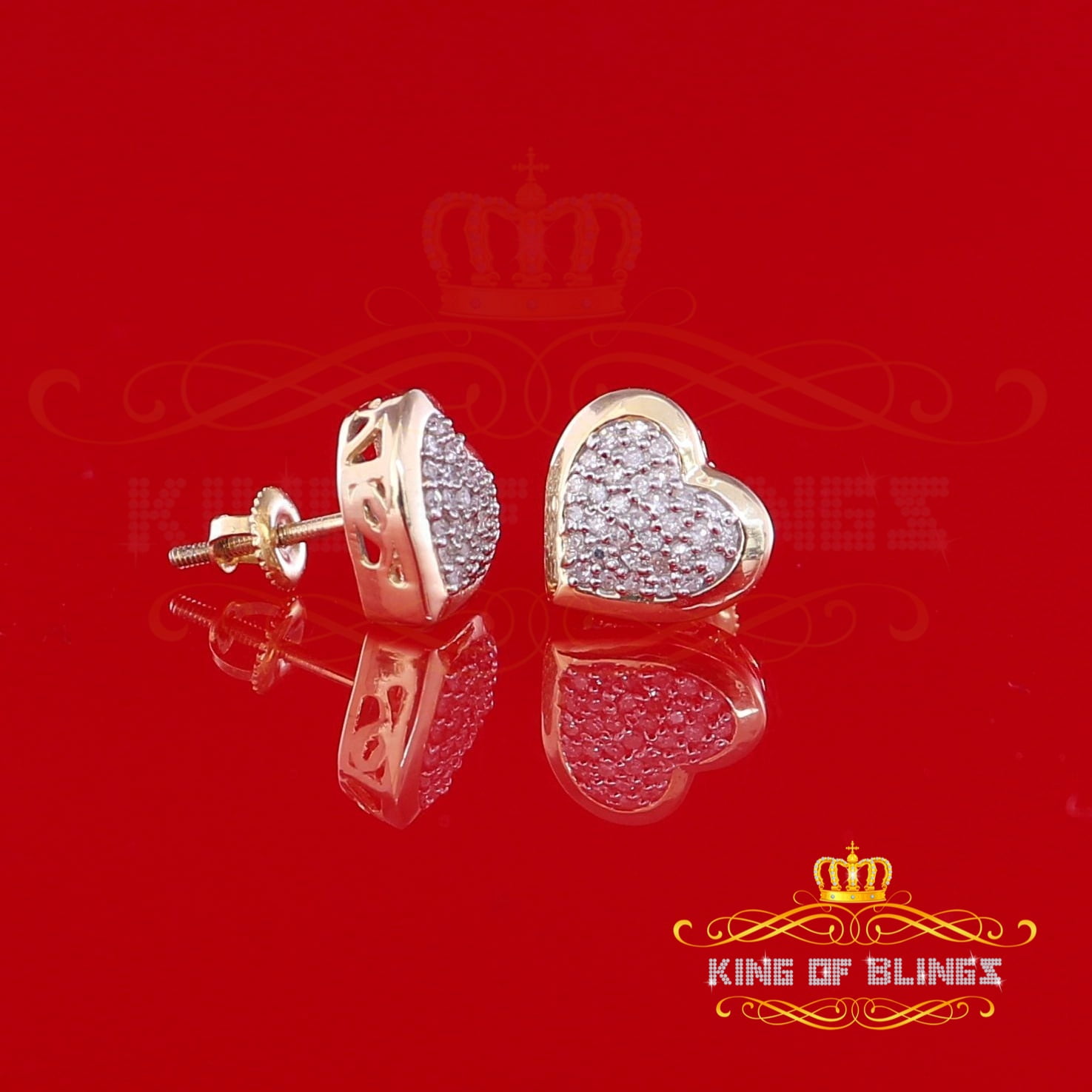 King of Bling's 10K Real Yellow Gold Real Diamond 0.25CT Men's/Women's Stud Micro Heart Earring