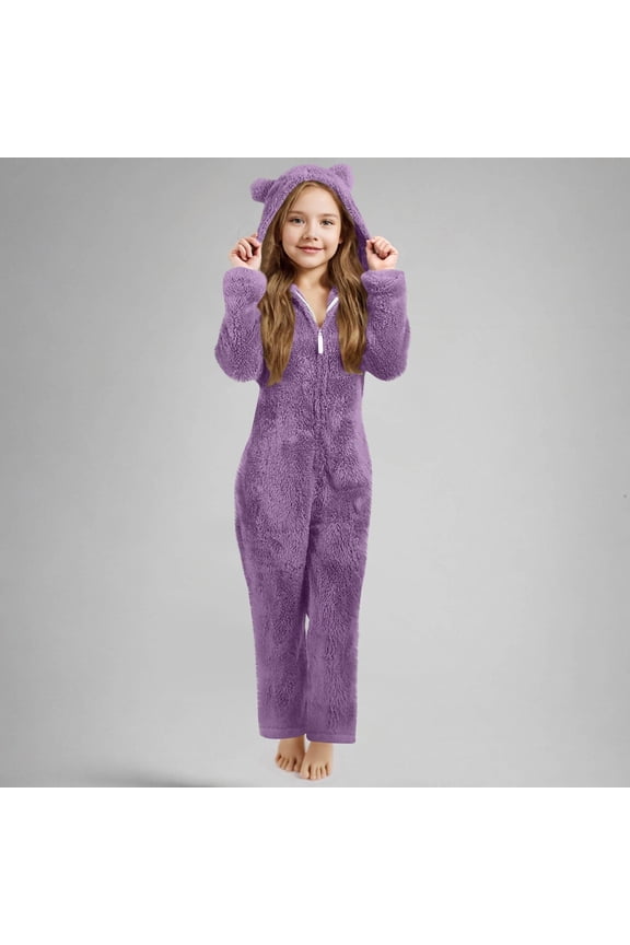 Boys Girls Fleece Jumpsuits Onesie One Piece Zip Up Hooded Super Soft Fuzzy Hooded Rompers Warm Winter Jumpsuit for 5-6 Years