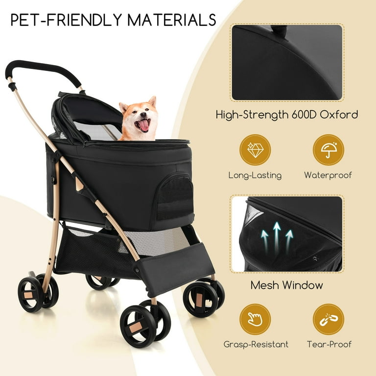 Costway PETSITE 3 in 1 Pet Stroller with Removable Car Seat Carrier 4 Level Adjustable Canopy Black Gold