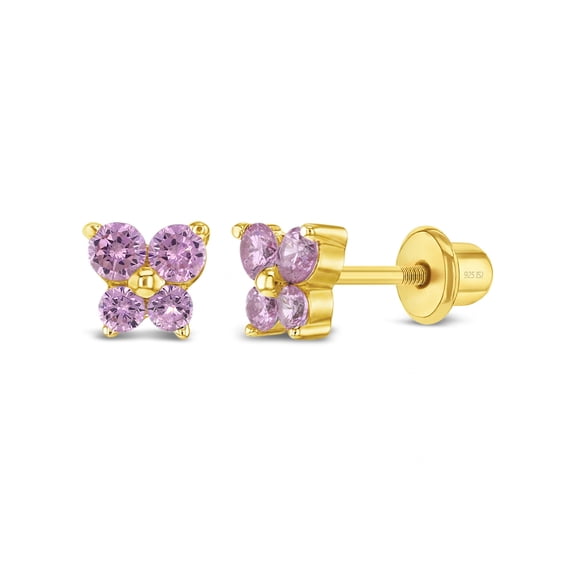 Butterfly Pink Toddler / Kids Earrings Screw Back - Gold Plated Sterling Silver