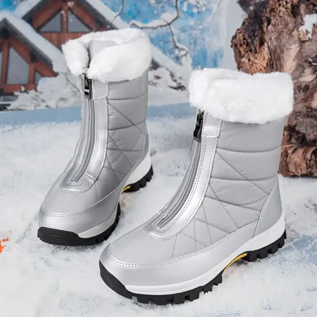 

Thermal Plush Inner Zipper Front Winter Snow Boots Round Toe Thick Sole Calf Boots Women‘s Footwear