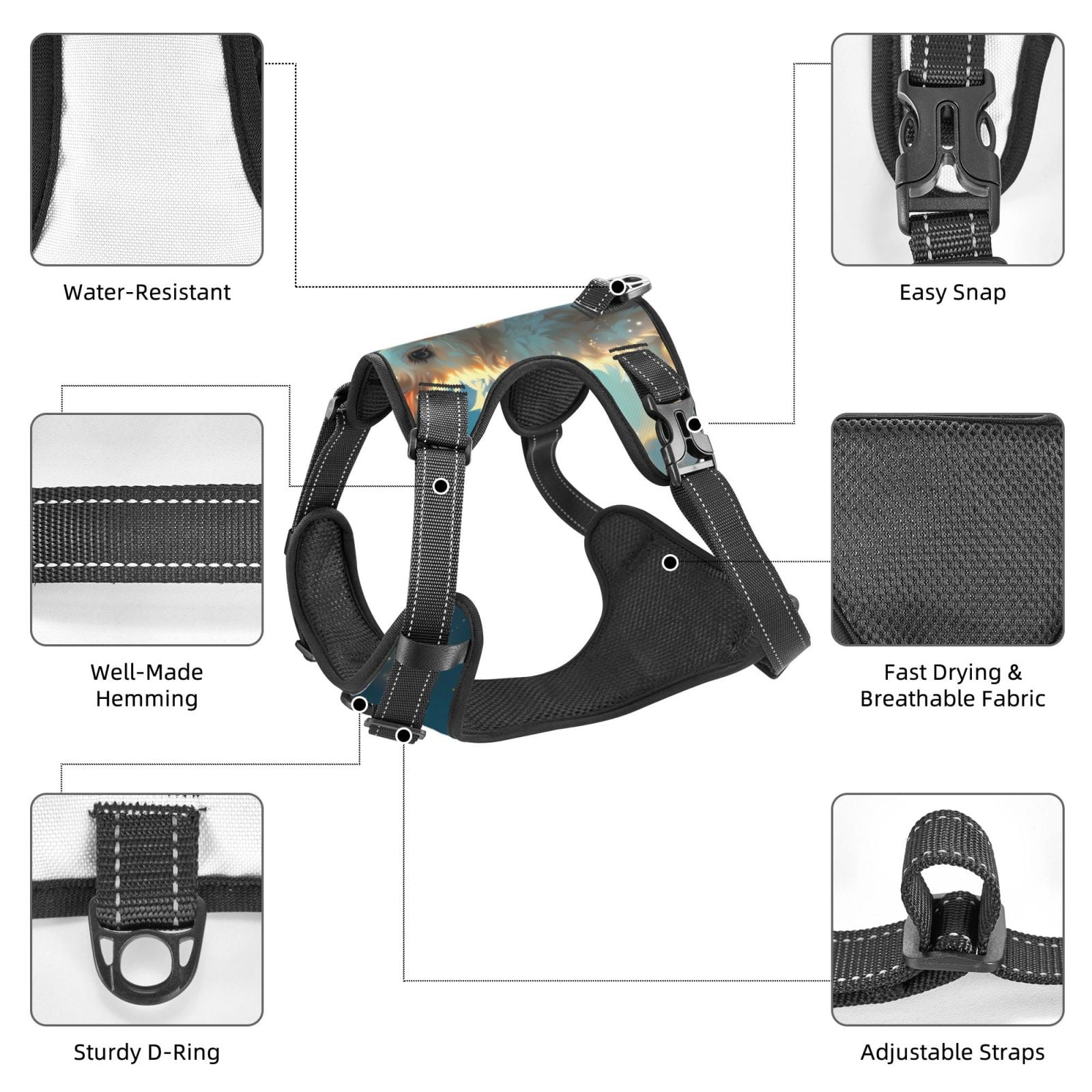 Kdxio Cute Angel Winged Rabbit Print No Pull Dog Harness Adjustable Reflective Oxford Easy Control Medium Large Dog Harness for Training and Everyday-Large