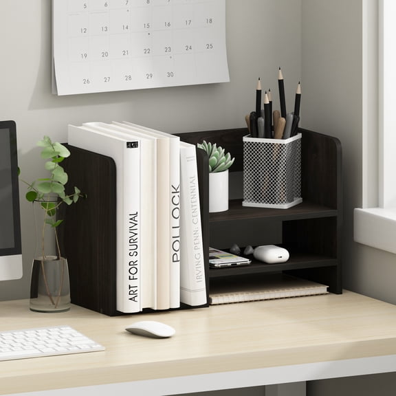 Furinno Hermite Desk Organizer with File Holder and Desktop Bookshelf, Black Espresso