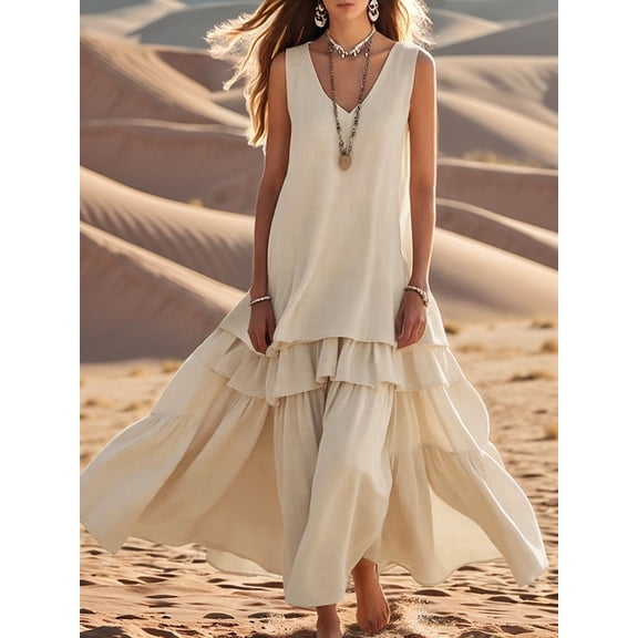 Women Dresses V-Neck Maxi Dress Tiered Silhouette with Sleeveless Flowy Dress Cream White XL