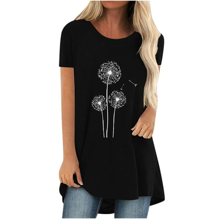 

Women s Dandelion Print T-Shirt Cute Graphic Tees O Neck Short Sleeve Shirts Summer Casual Tops Loose Comfy Tunics