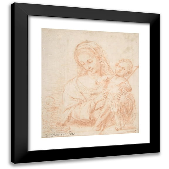 Pedro del Pozo 12x14 Black Modern Framed Museum Art Print Titled - Half-Length Virgin and Standing Child with Indications of a Young Saint John the Baptist at Left (1785)