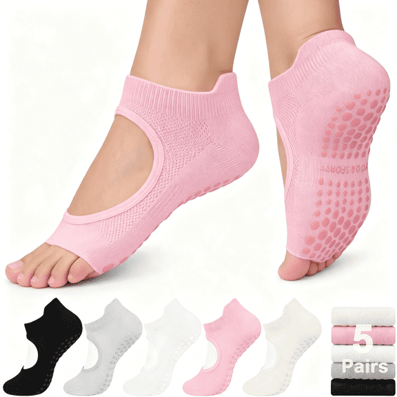 OQRKI 5 Pairs Pilates Socks Yoga Socks with Grips for Women Non Slip,Workout,Pure Barre,Ballet,Dance,Hospital Socks Yoga Socks for Women Non Slip Yoga Pilates Grip Socks Non-Slip