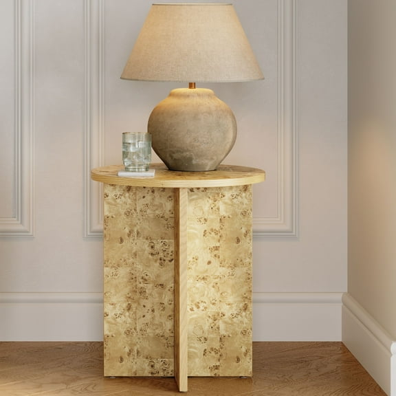 Stead Round Natural Burl End Table for Living Room - 16" Round x 19.2" H - Lacquered Natural Finish & Solid Cross Base - Burled Side Table with Padded Feet - Versatile Nightstand