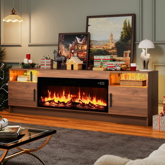 Rocyis 70” TV Stand with 3D Realistic Log Flame Electric Fireplace, Entertainment Center for TVs Up to 80-Inch, Modern TV Console with High Glossy Doors & LED Lights, Brown