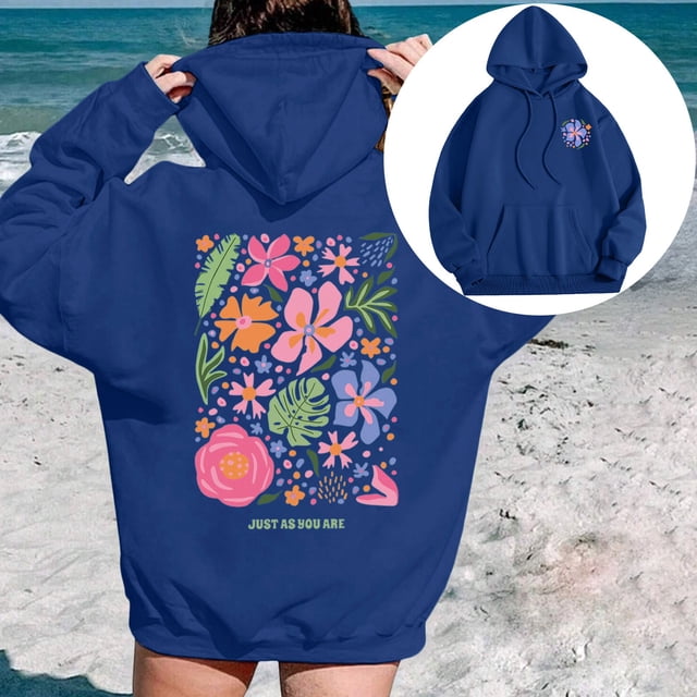 TINZ Chandail à Capuchon Imprimé Fleurs de Vacances/leisure & Slogan avec Cordon de Serrage Longue Veste d'Hiver Chandail en Molleton Femmes Robe Chandail à Capuchon Décontractée Tendance Femmes