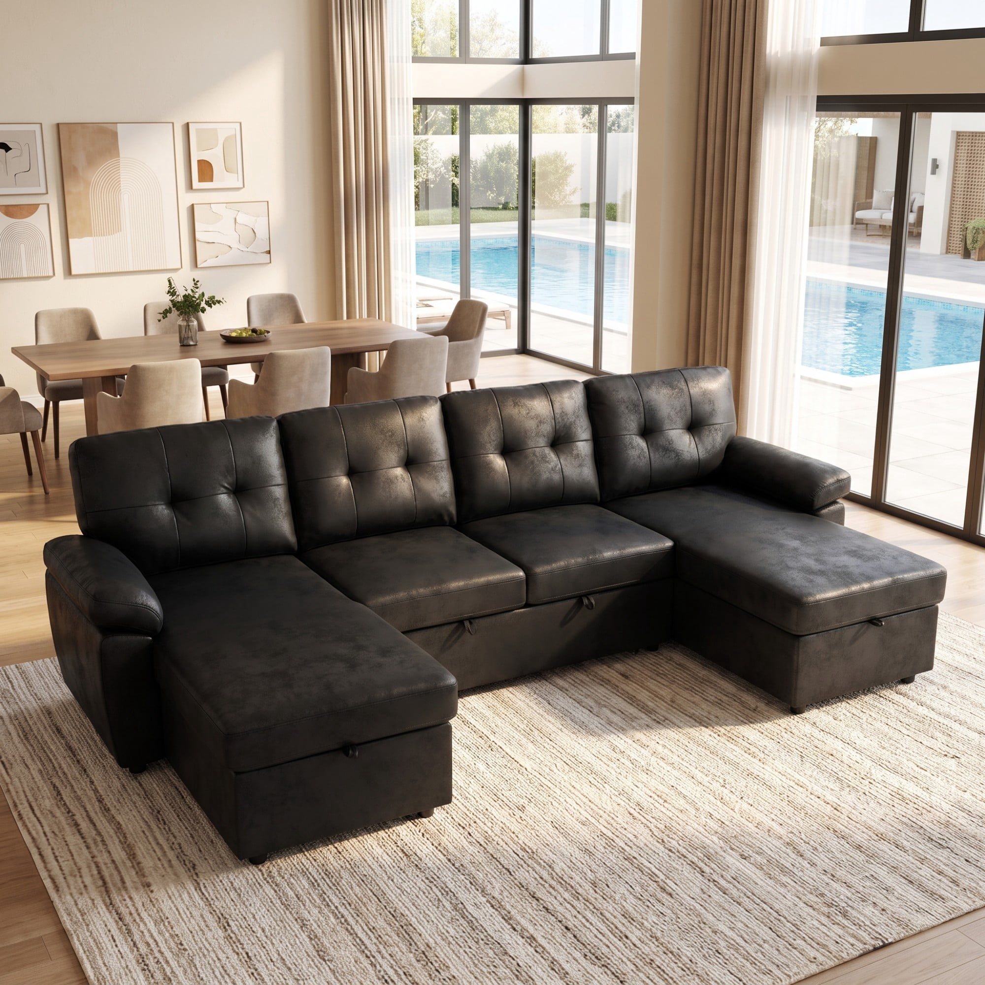 BSHTI 112" Polyester Fabric U-Shaped Sectional Sleeper Sofa Bed with Pull-Out Bed,Tufted Back Cushions and Storage Chaise for Living Room(Black)