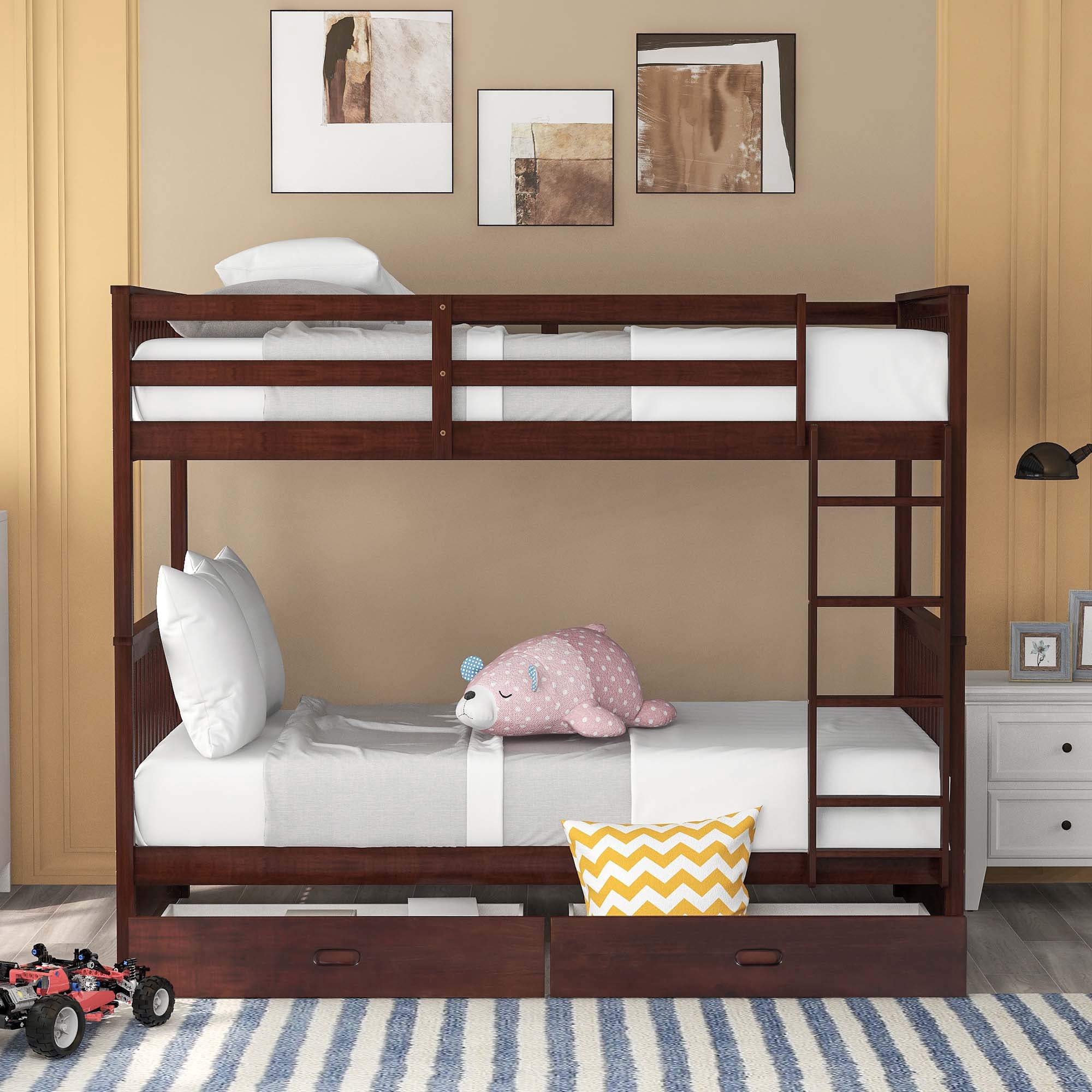 Aukfa Twin over Twin Bunk Bed with Two Storage Drawers, Wood Convertible Two Bed for Kids Teens - Espresso