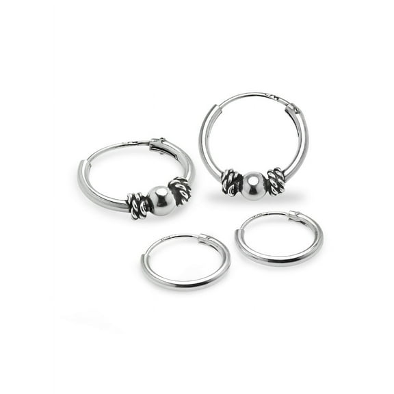 Sterling Silver 10mm & 12mm Bali & Polished Endless Hoop Earrings, Set of 2