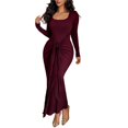 thumbnail image 3 of Vestido Ajustado para Mujer, con Mangas Largas Fruncidas, para Cóctel o Fiesta Vino Tinto L, 3 of 8
