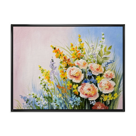 Yellow and Pink Summer Wildflowers 20 in x 12 in Framed Painting Canvas Art Print, by Designart