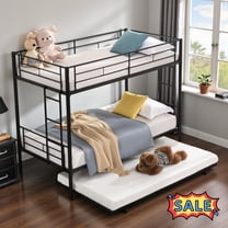 Tcbosik Twin over Twin Size Bunk Bed with Trundle, Metal Bed Frame with Side Ladders and Safety Guardrail, Noise-Free, Black