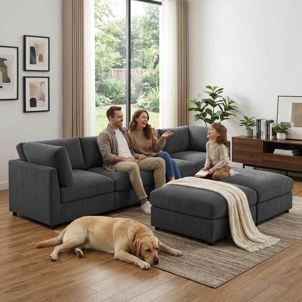 Howcool Cloud Couch Modular Sectional Sofa 6 Seat 129" L Shaped Reversible Convertible Couch, Corduroy Thick Cushion with Movable Ottomans, Washable Removable Cover for Living Room,Black