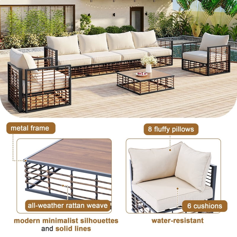 7-Piece Patio Furniture Set with Coffee Table, All-Weather Outdoor Sectional Sofa Set with Thick Cushions, Minimalist Garden Conversation Set for Backyard