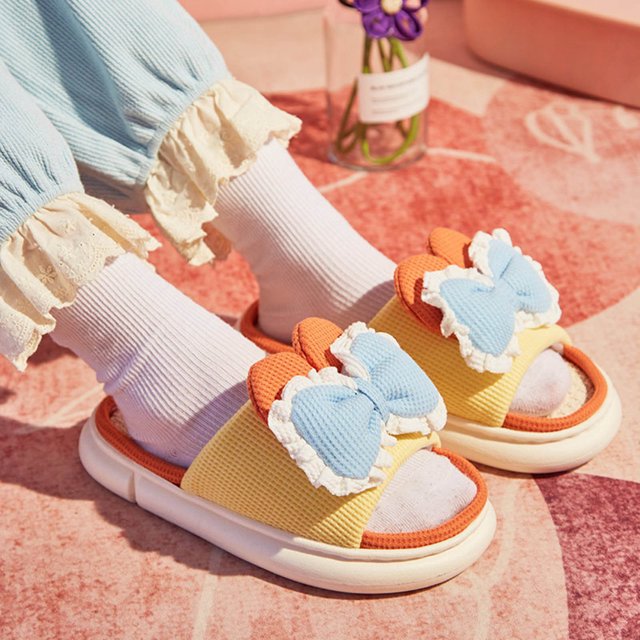 LSLJS Women's Shoes Linen Slippers Home Warm Bow Soft Sole Non-Slip Slippers