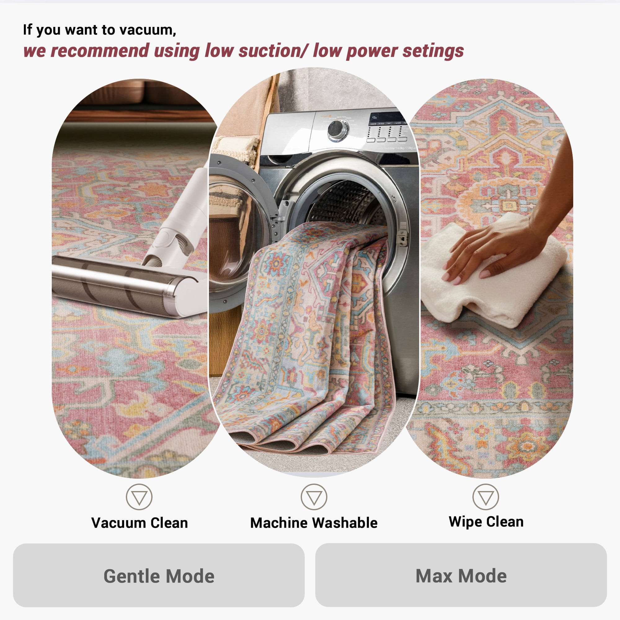 Kokia 9x12 Vintage Oriental Area Rug for living Room, Pink and Orange Low Pile Stain Resistant Non-Slip Washable Rug for Bedroom with Distressed Medallion Pattern