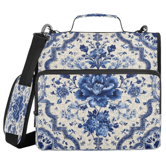 Water-Resistant 3-Ring Binder Organizer with Multiple Pockets Zipper Binder Bag for Office Blue and White Porcelain-style
