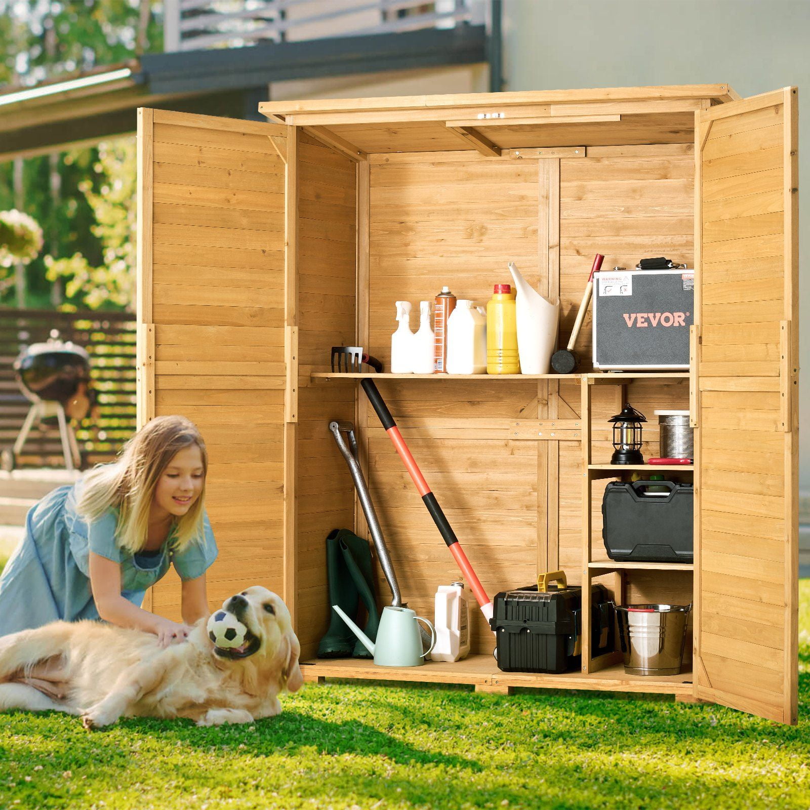 Outdoor Wooden Storage Shed 55x67.5 Inch Waterproof Garden Tool Shed with Metal Roof, Adjustable Feet, Sturdy Natural Cedar Construction, Spacious Interior, Easy Assembly, Durable & Weather-Resistant