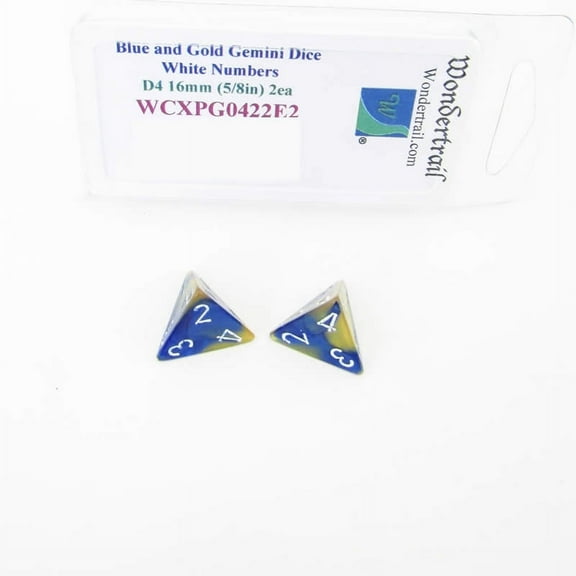 Blue and Gold Gemini Dice with White Numbers D4 Aprox 16mm (5/8in) Pack of 2 Wondertrail