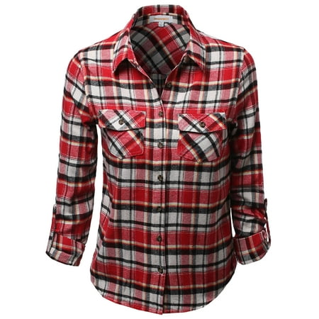 FashionOutfit - Women's Flannel Plaid Checker Roll Up Sleeves Button ...