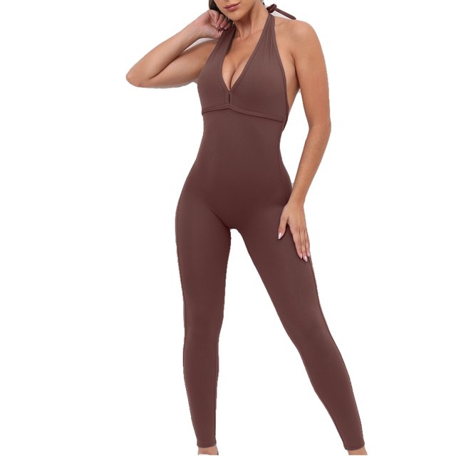 Yuyuzo Workout Jumpsuit for Women Halter Deep V Neck Sleeveless Backless High Waisted Leggings Long Rompers