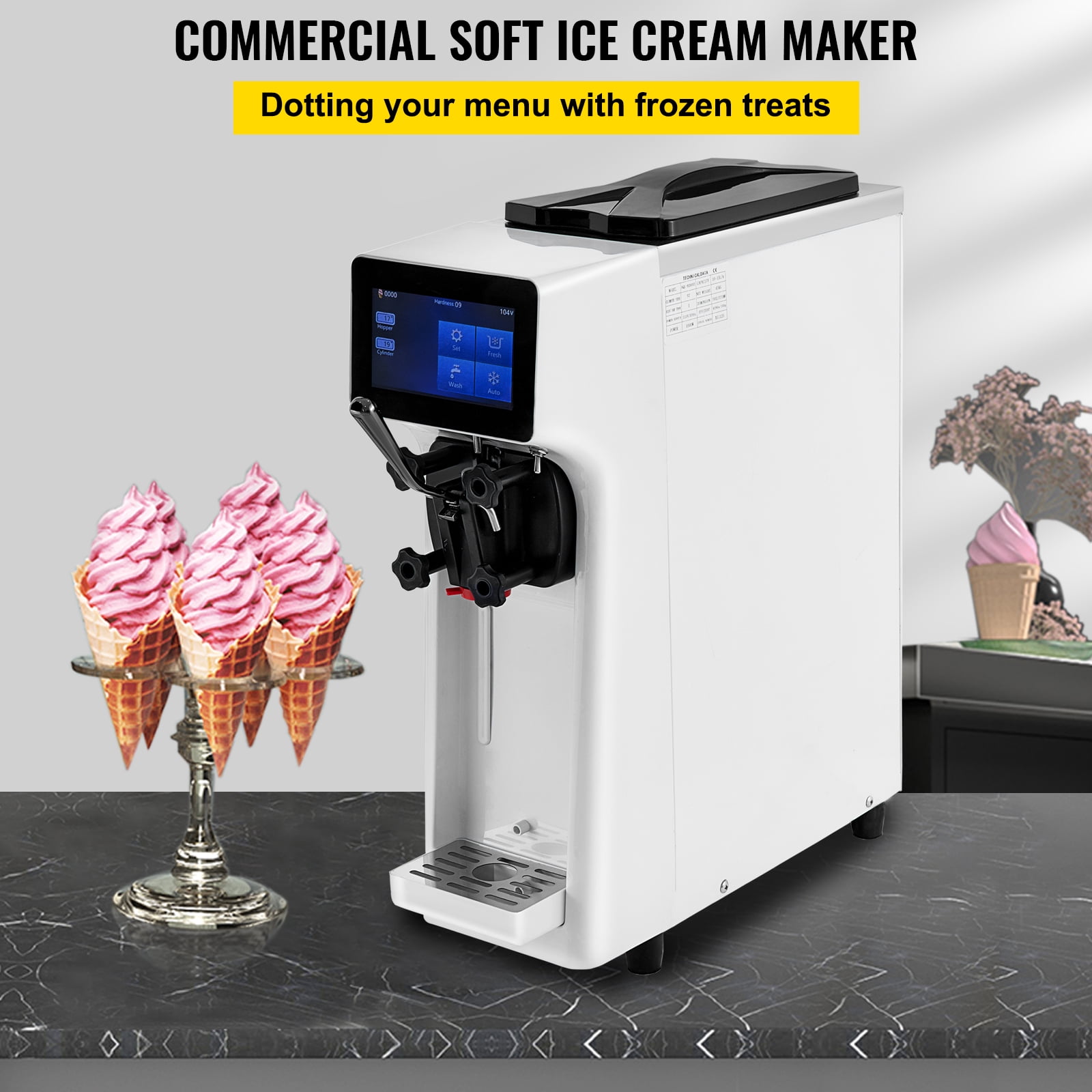 BZD Commercial Ice Cream Maker Machine - 1000W Single Flavor Soft Serve  110V Ice Cream Machine 2.7 to 4 Gallons Per Hour Touch LCD display & Auto